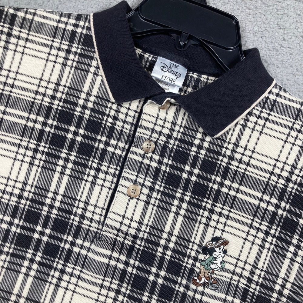 The Disney Store Polo Shirt Men Med Black White Plaid Mickey Mouse Embroidered
